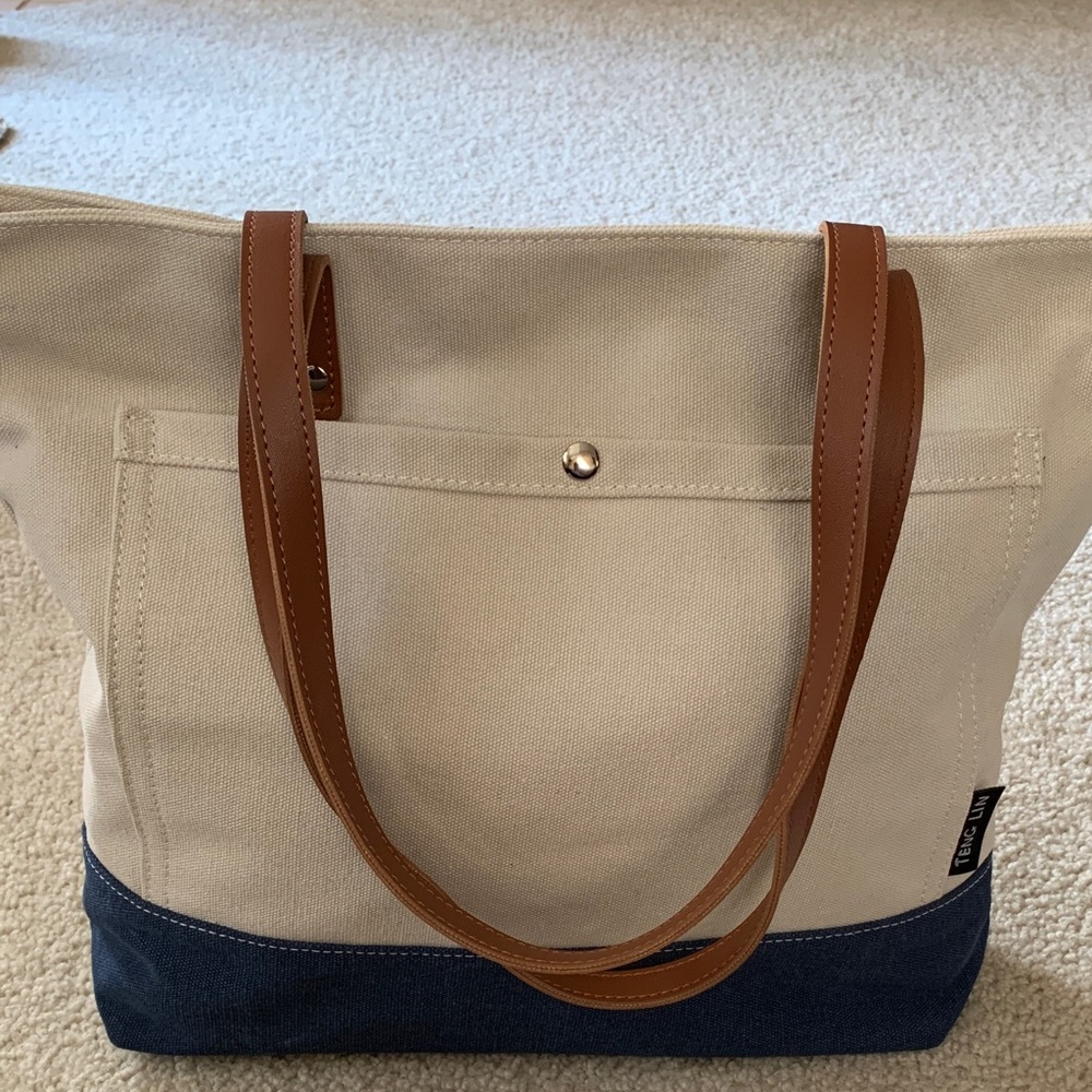 Teng Lin Cream and Blue Canvas Tote Bag - NWOT